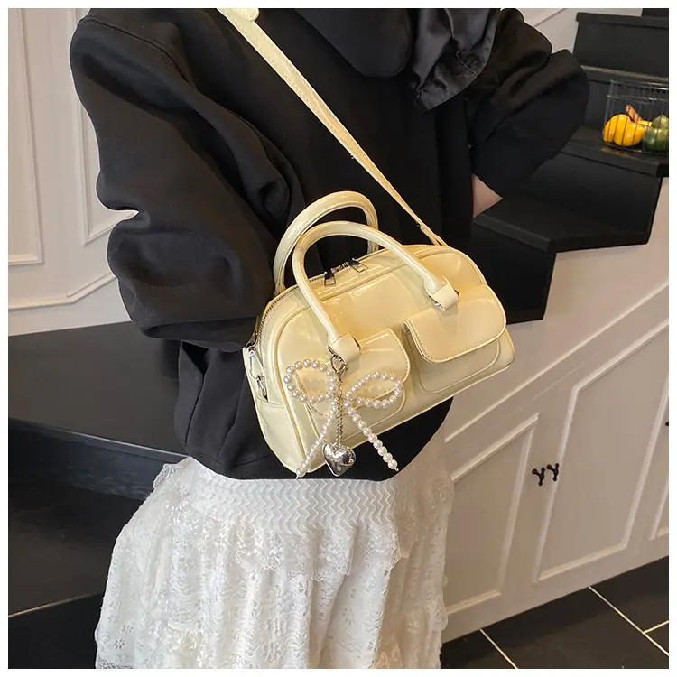 Women's Beige Pearl Bow Shoulder Bag with 2 Pockets — feature 45