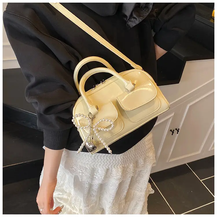 Women's Beige Pearl Bow Shoulder Bag with 2 Pockets — feature 46