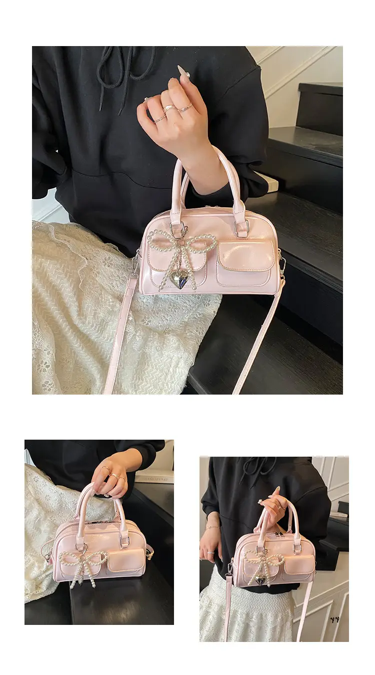 Women's Beige Pearl Bow Shoulder Bag with 2 Pockets — feature 5