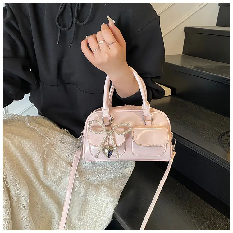 Women's Beige Pearl Bow Shoulder Bag with 2 Pockets — feature 50