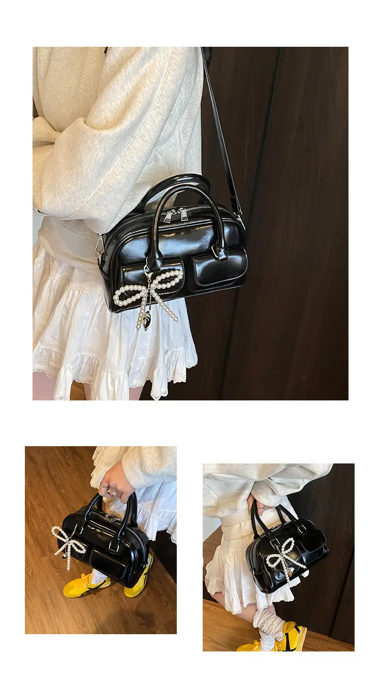 Women's Beige Pearl Bow Shoulder Bag with 2 Pockets — feature 7