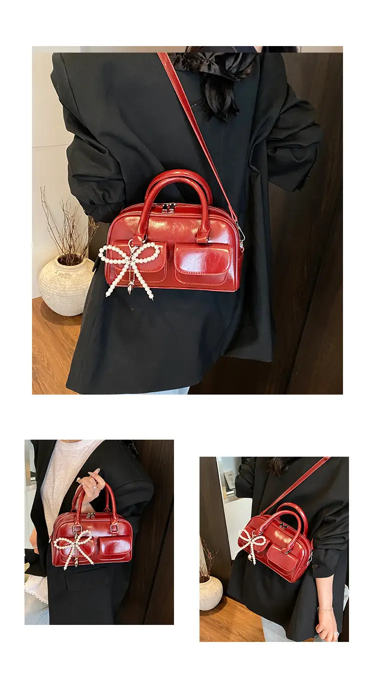 Women's Beige Pearl Bow Shoulder Bag with 2 Pockets — feature 9