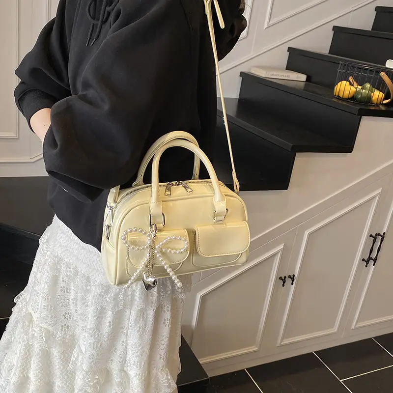 Women's Beige Pearl Bow Shoulder Bag with 2 Pockets