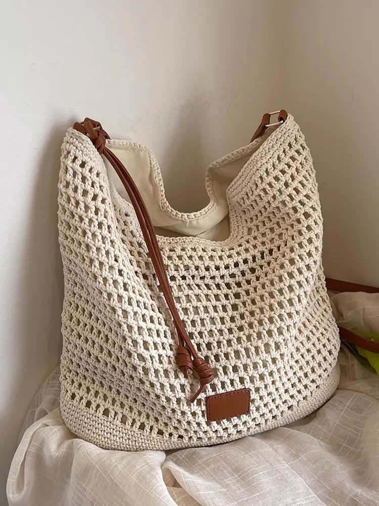 Hollow Woven Mori Style Tote Bag Large Capacity Brown - Image 3