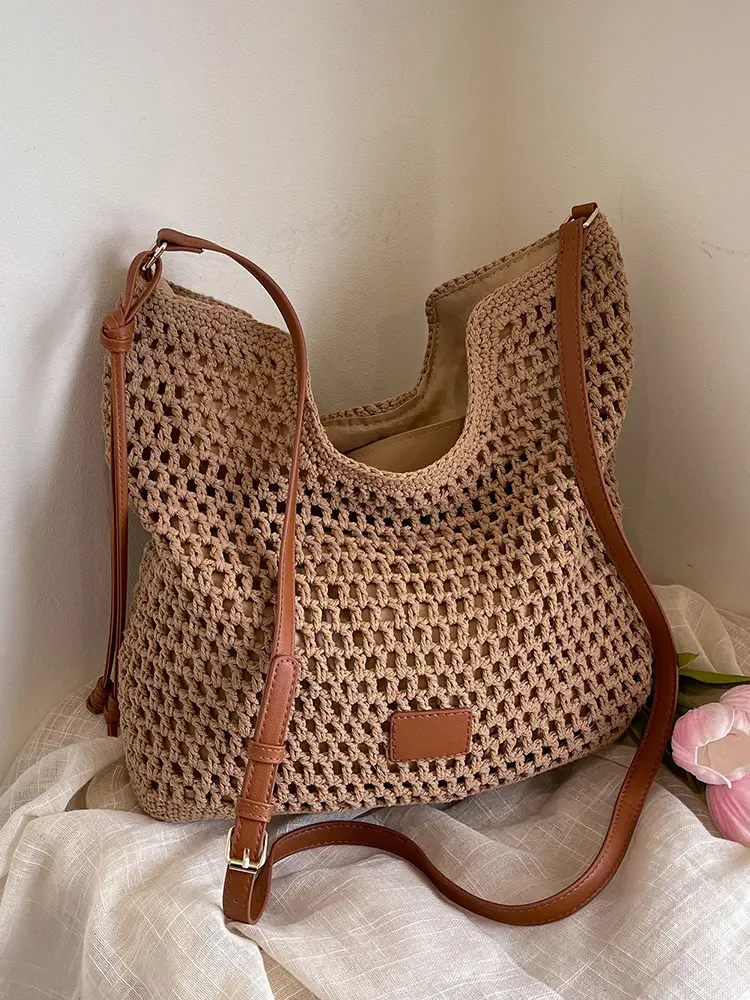 Hollow Woven Mori Style Tote Bag Large Capacity Brown - Image 4