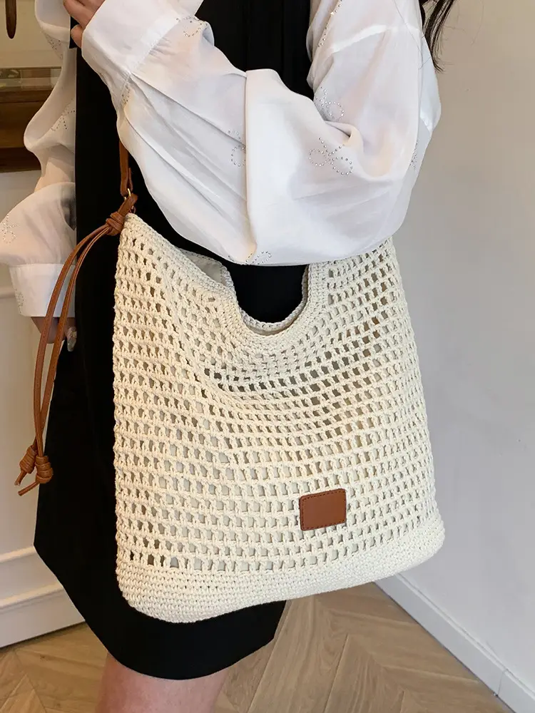 Hollow Woven Mori Style Tote Bag Large Capacity Brown - Image 5