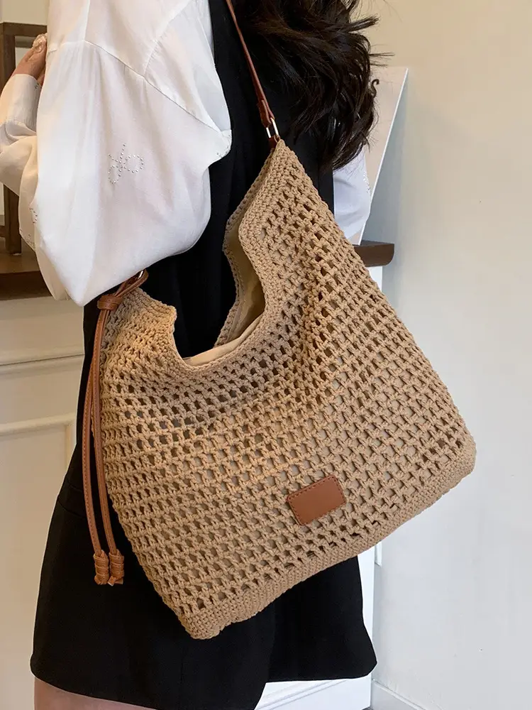 Hollow Woven Mori Style Tote Bag Large Capacity Brown - Image 6