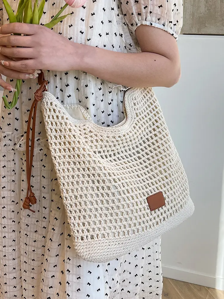 Hollow Woven Mori Style Tote Bag Large Capacity Brown - Image 7