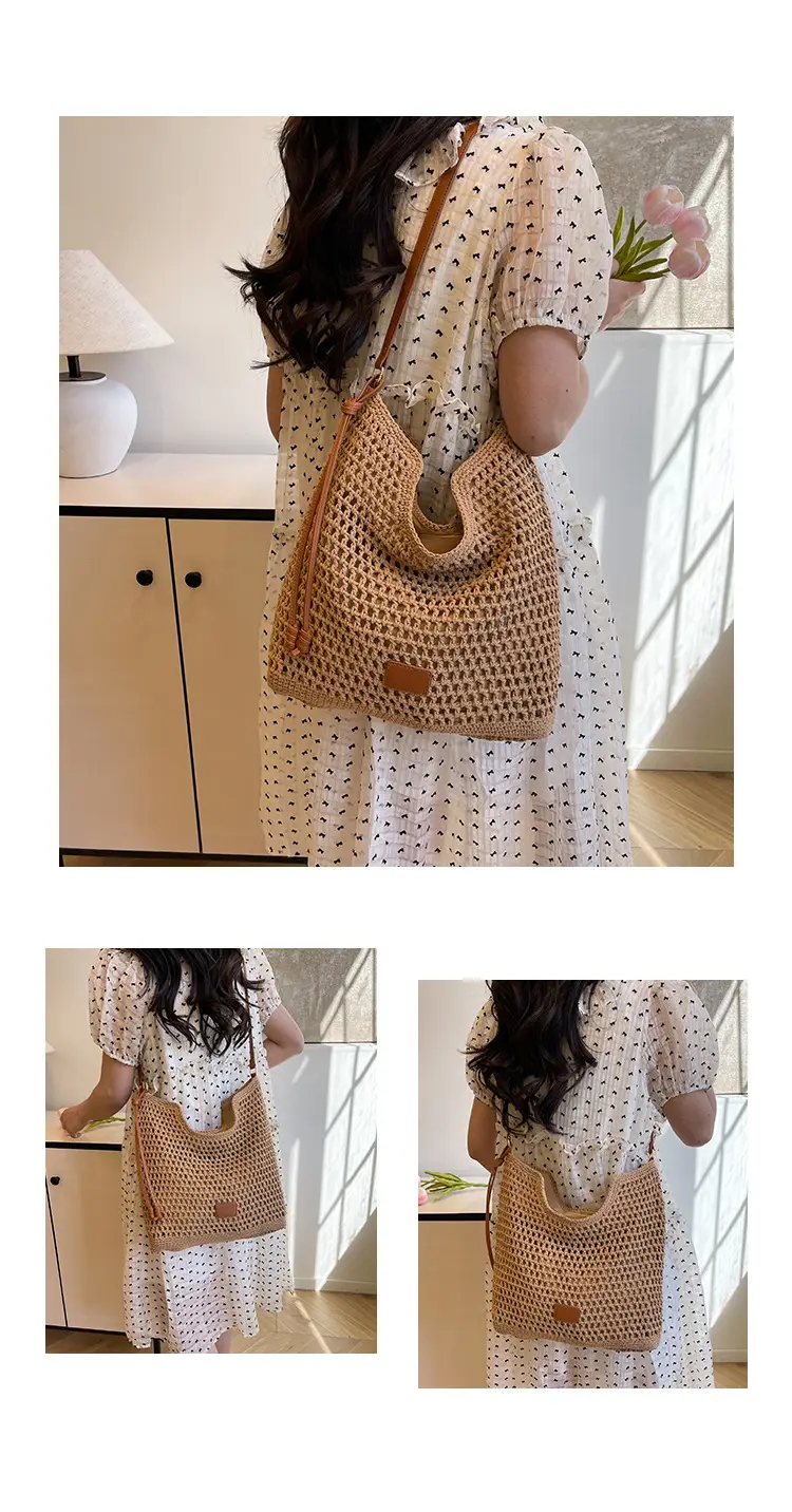 Hollow Woven Mori Style Tote Bag Large Capacity Brown — feature 11