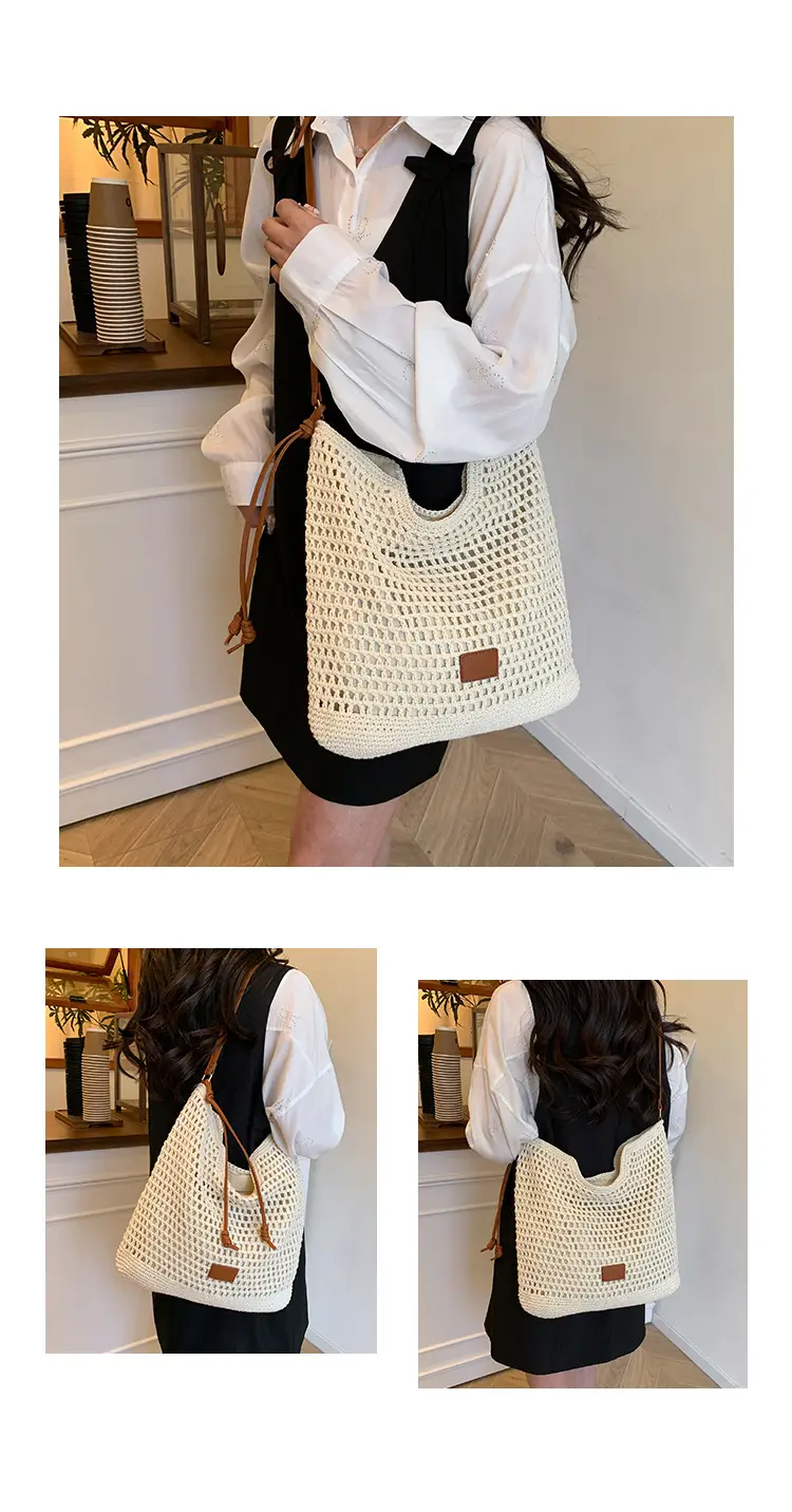 Hollow Woven Mori Style Tote Bag Large Capacity Brown — feature 12