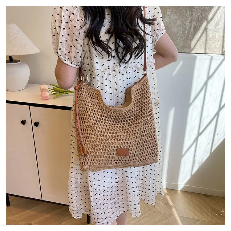 Hollow Woven Mori Style Tote Bag Large Capacity Brown — feature 15
