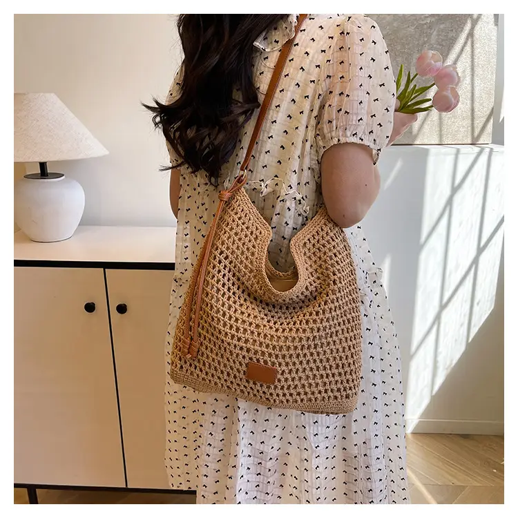 Hollow Woven Mori Style Tote Bag Large Capacity Brown — feature 16