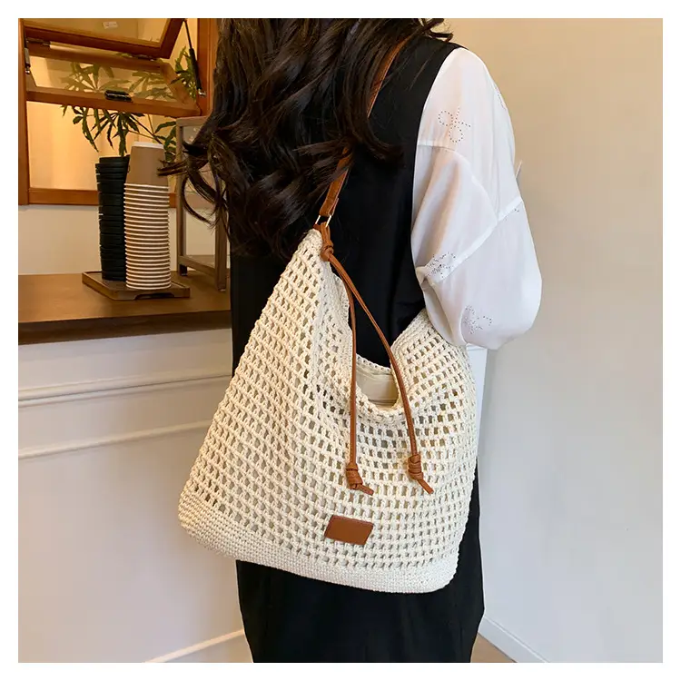 Hollow Woven Mori Style Tote Bag Large Capacity Brown — feature 18