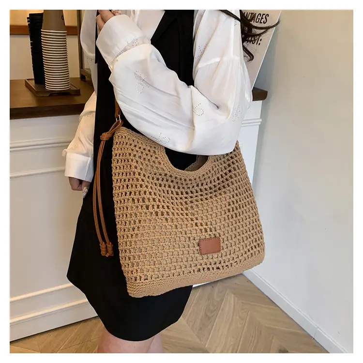 Hollow Woven Mori Style Tote Bag Large Capacity Brown — feature 19