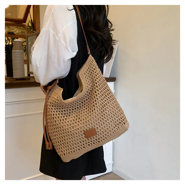 Hollow Woven Mori Style Tote Bag Large Capacity Brown — feature 20