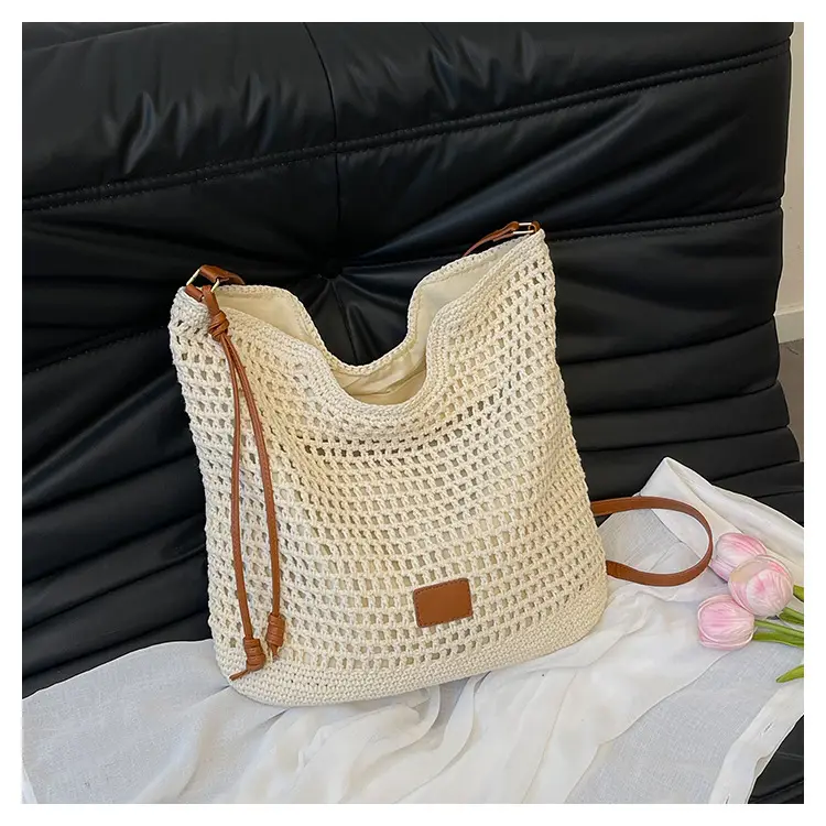 Hollow Woven Mori Style Tote Bag Large Capacity Brown — feature 21