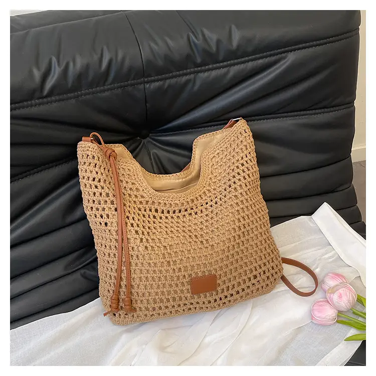 Hollow Woven Mori Style Tote Bag Large Capacity Brown — feature 22