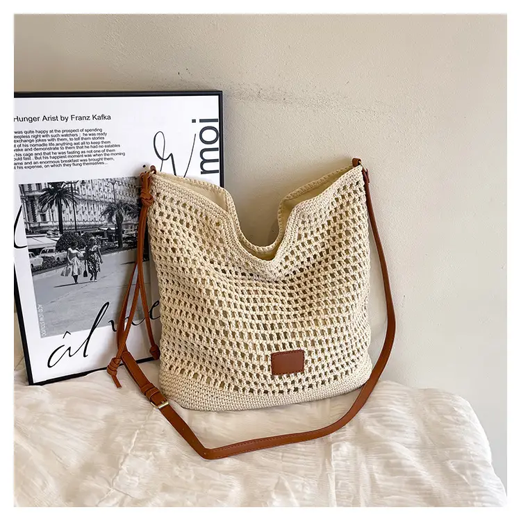 Hollow Woven Mori Style Tote Bag Large Capacity Brown — feature 23