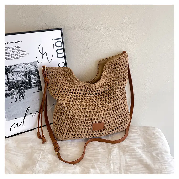 Hollow Woven Mori Style Tote Bag Large Capacity Brown — feature 24