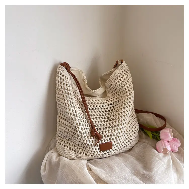 Hollow Woven Mori Style Tote Bag Large Capacity Brown — feature 25