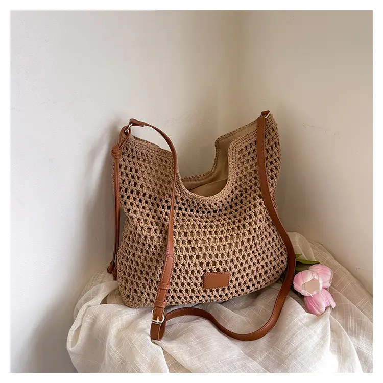 Hollow Woven Mori Style Tote Bag Large Capacity Brown — feature 26