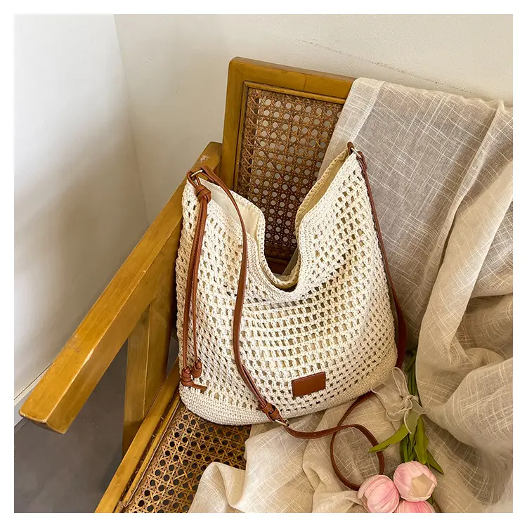 Hollow Woven Mori Style Tote Bag Large Capacity Brown — feature 27