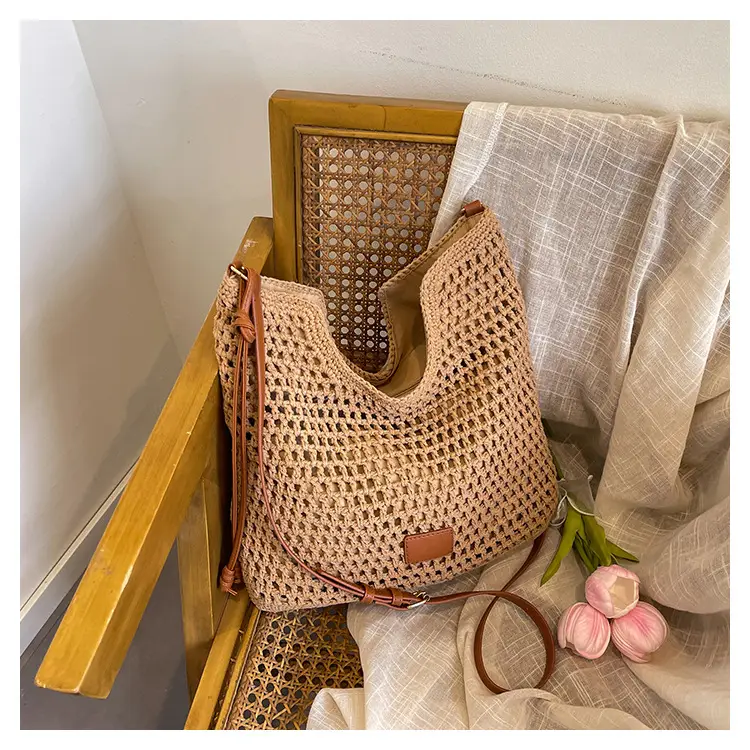 Hollow Woven Mori Style Tote Bag Large Capacity Brown — feature 28
