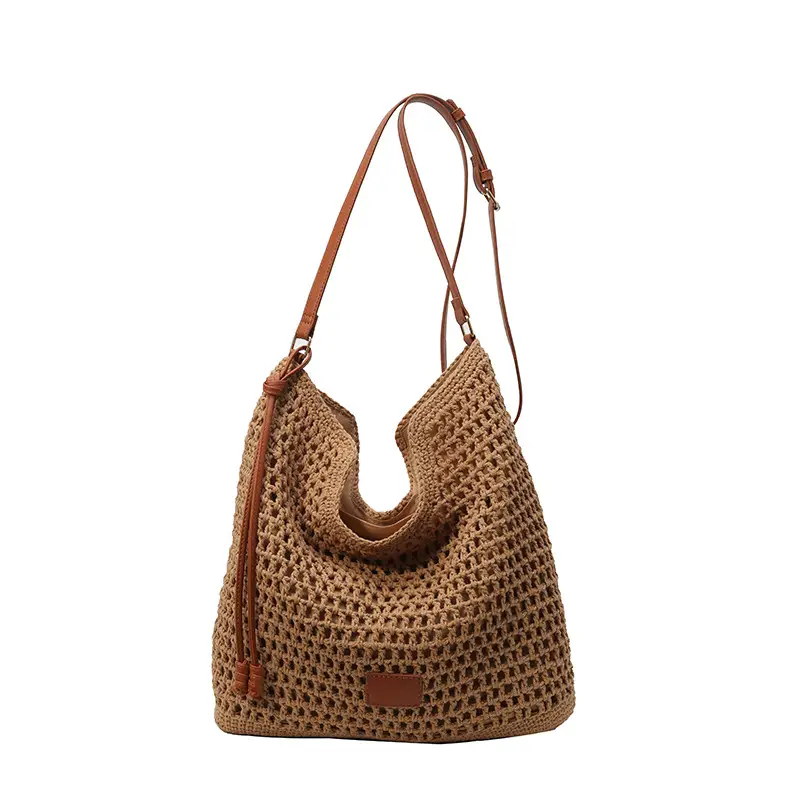 Hollow Woven Mori Style Tote Bag Large Capacity Brown - Image 2