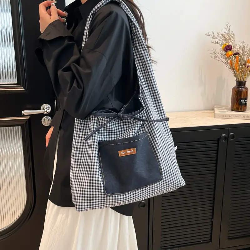 Denim Plaid Shoulder Bag for College Students - Image 4