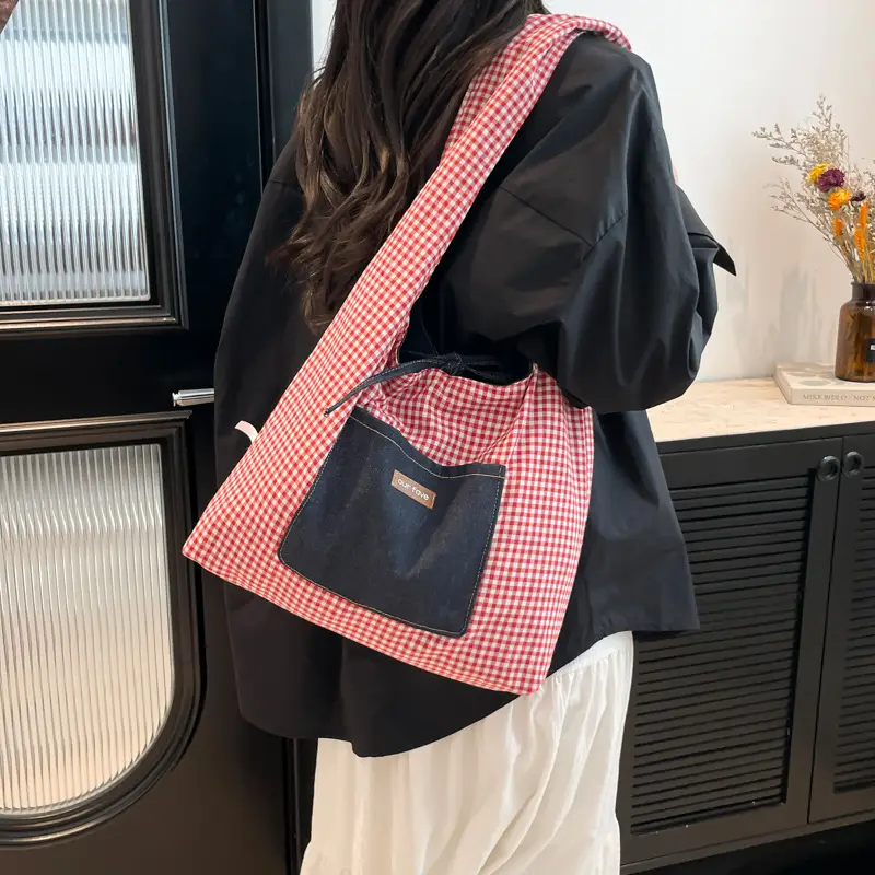 Denim Plaid Shoulder Bag for College Students - Image 5