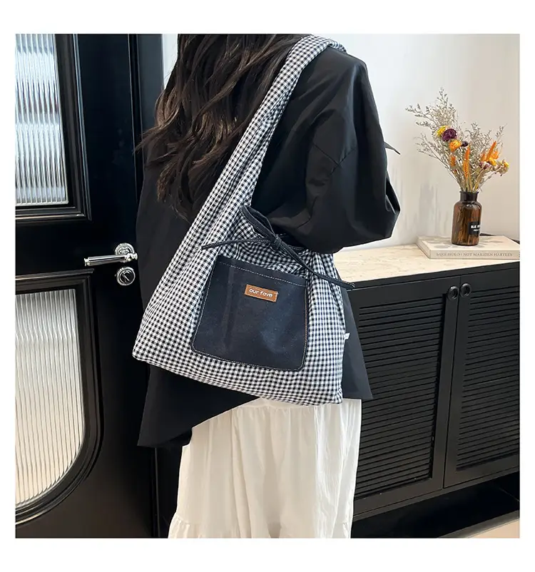 Denim Plaid Shoulder Bag for College Students — feature 12