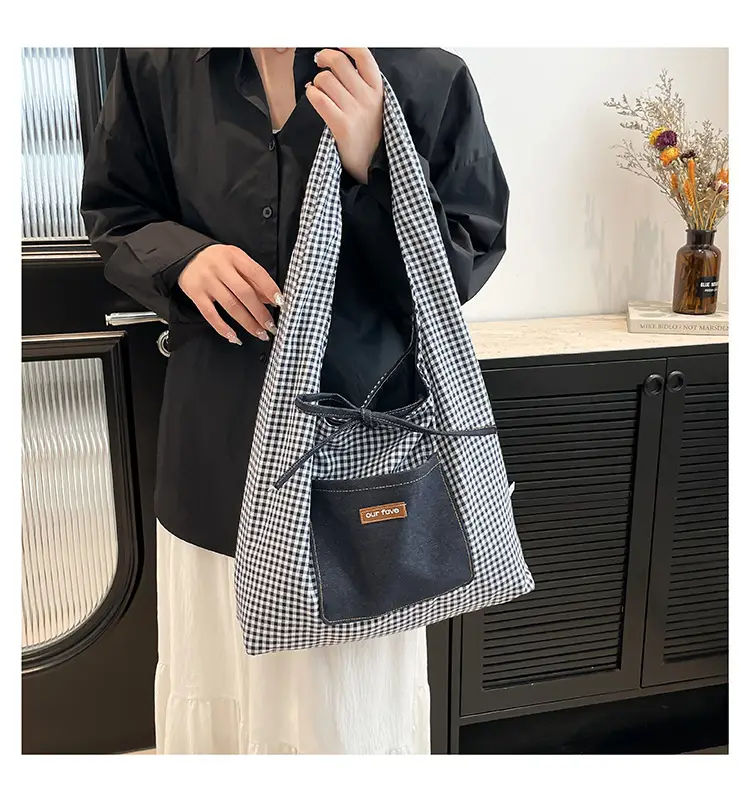 Denim Plaid Shoulder Bag for College Students — feature 13