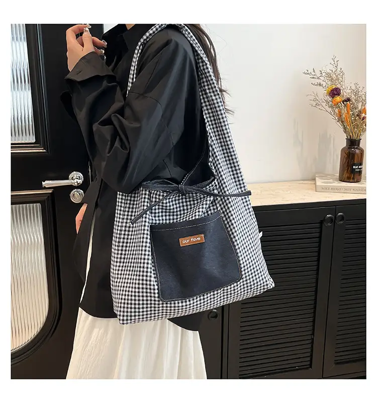 Denim Plaid Shoulder Bag for College Students — feature 14