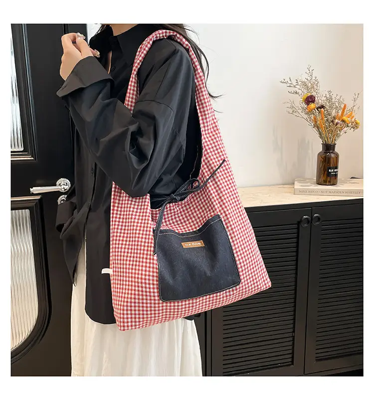 Denim Plaid Shoulder Bag for College Students — feature 19