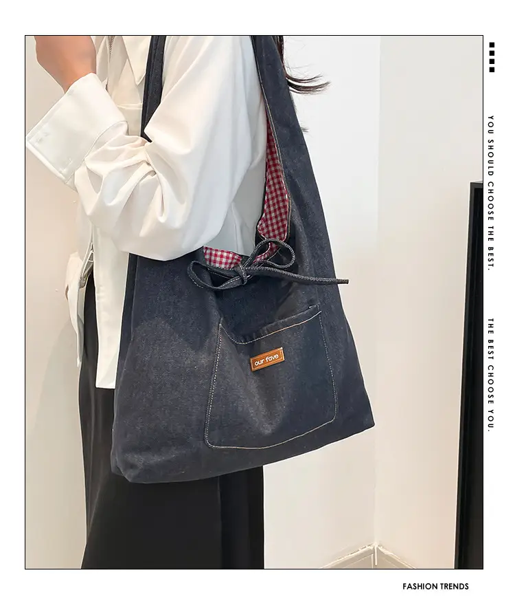 Denim Plaid Shoulder Bag for College Students — feature 3