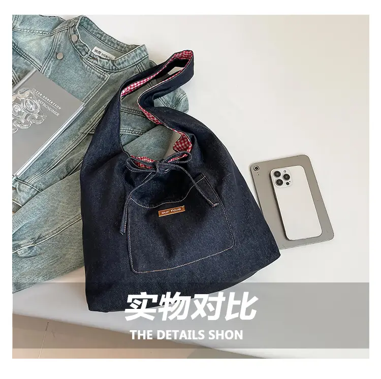 Denim Plaid Shoulder Bag for College Students — feature 8