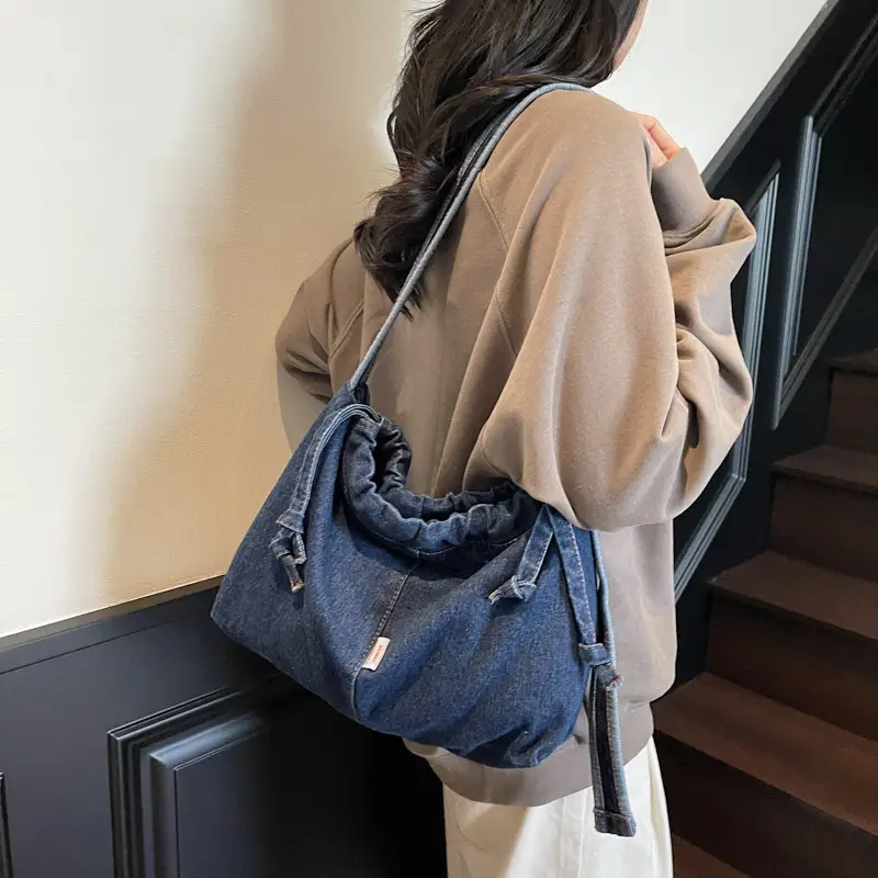 Vintage Denim Crossbody Bag for Women Blue Drawstring - Image 4