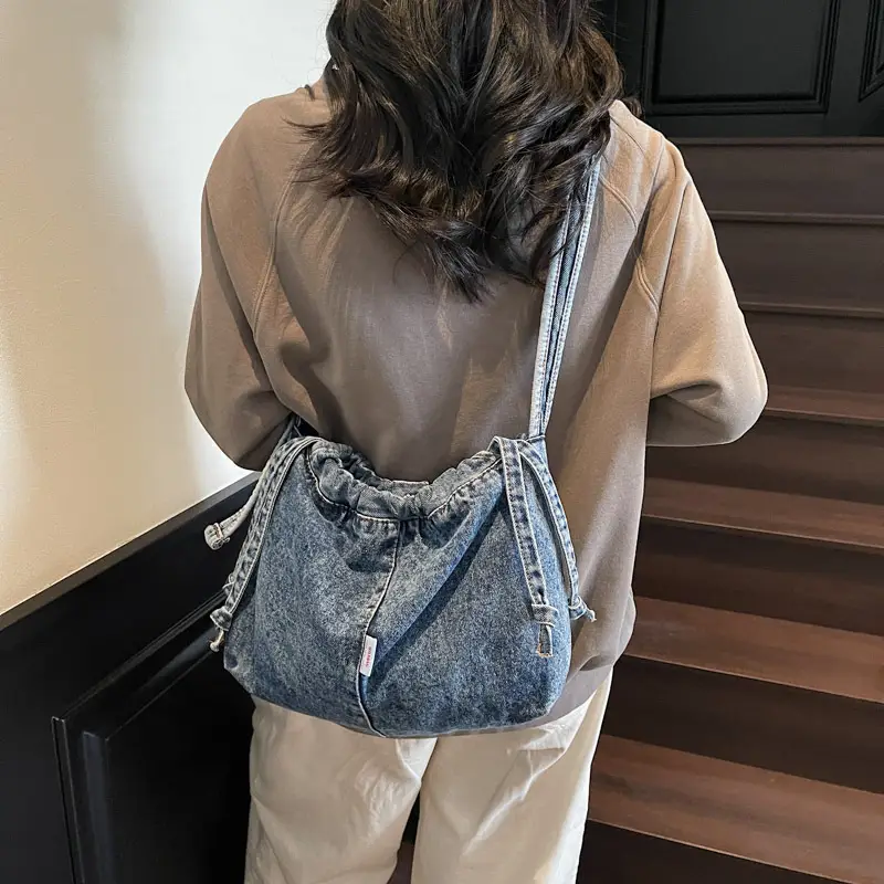 Vintage Denim Crossbody Bag for Women Blue Drawstring - Image 5
