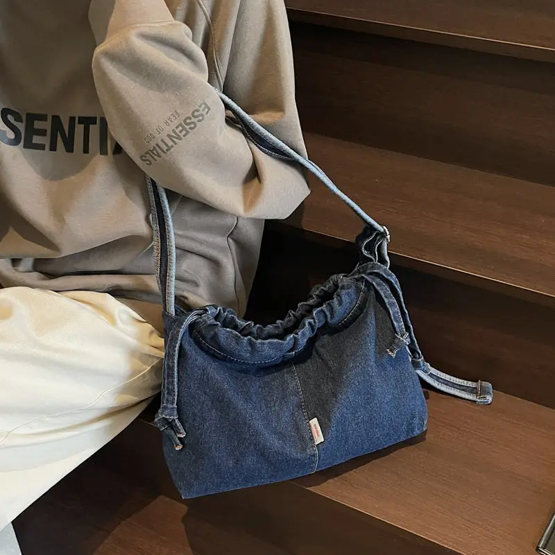 Vintage Denim Crossbody Bag for Women Blue Drawstring - Image 6