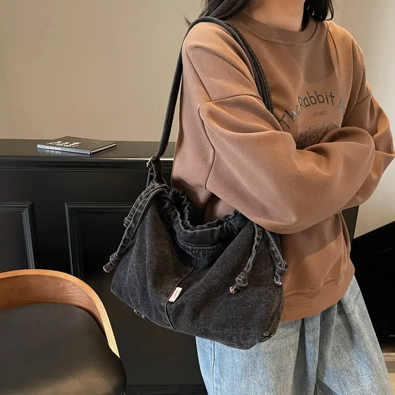 Vintage Denim Crossbody Bag for Women Blue Drawstring - Image 7