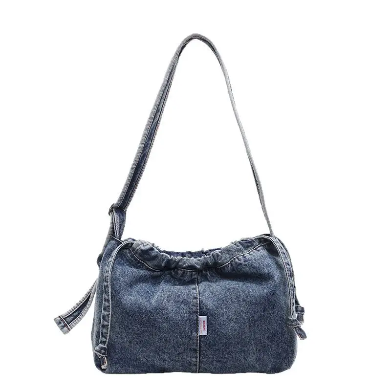 Vintage Denim Crossbody Bag for Women Blue Drawstring - Image 8