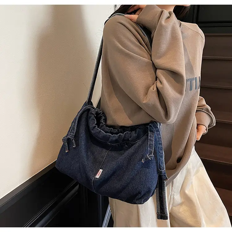 Vintage Denim Crossbody Bag for Women Blue Drawstring — feature 14