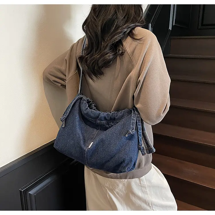 Vintage Denim Crossbody Bag for Women Blue Drawstring — feature 15
