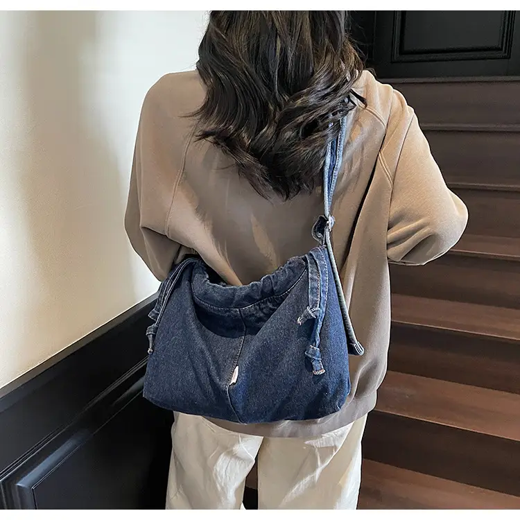 Vintage Denim Crossbody Bag for Women Blue Drawstring — feature 16