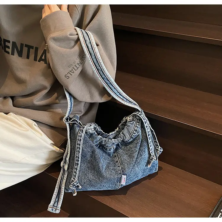 Vintage Denim Crossbody Bag for Women Blue Drawstring — feature 17
