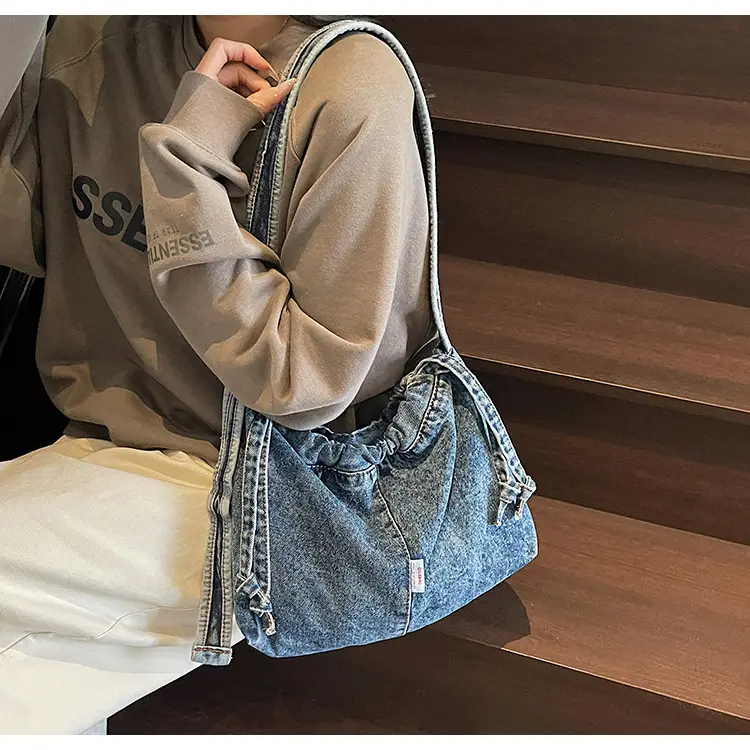 Vintage Denim Crossbody Bag for Women Blue Drawstring — feature 18
