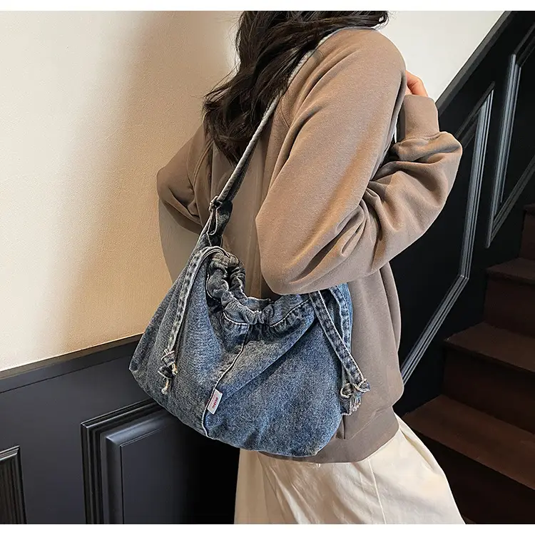 Vintage Denim Crossbody Bag for Women Blue Drawstring — feature 19