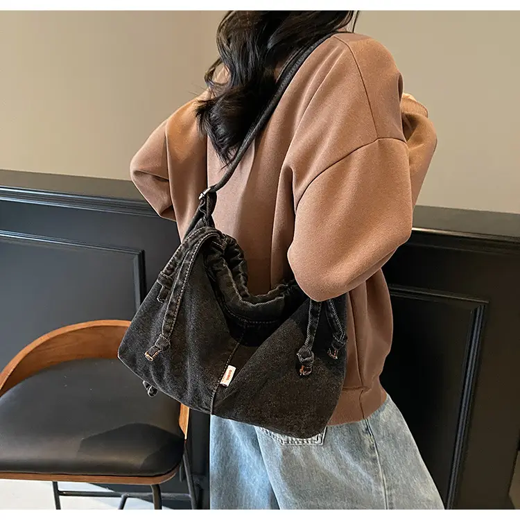 Vintage Denim Crossbody Bag for Women Blue Drawstring — feature 25
