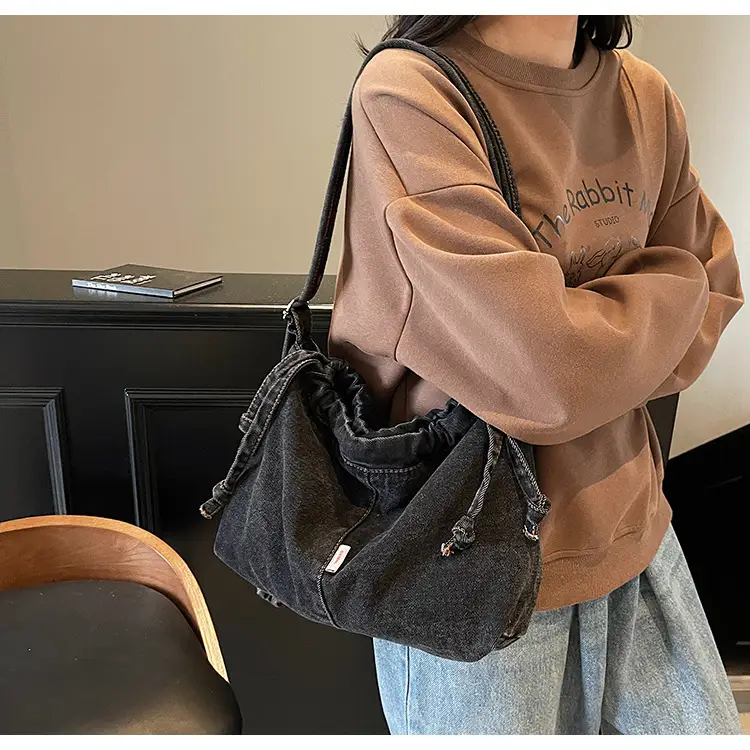 Vintage Denim Crossbody Bag for Women Blue Drawstring — feature 26