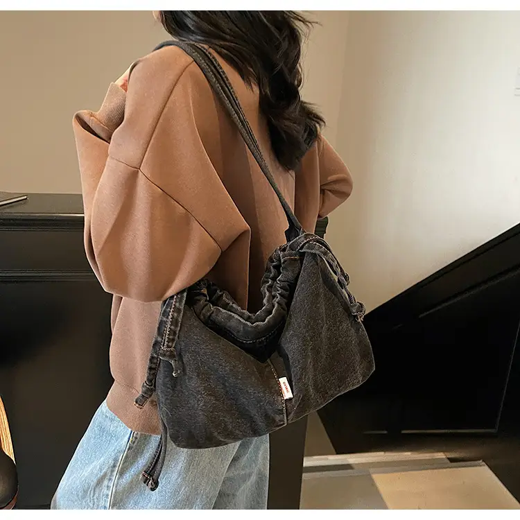 Vintage Denim Crossbody Bag for Women Blue Drawstring — feature 27